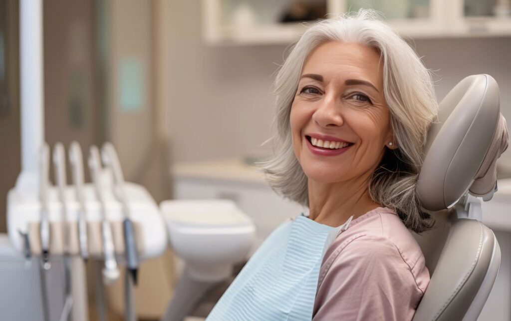 A woman in a dentist's chair.